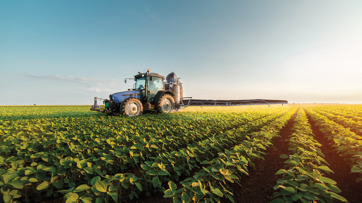A blue tractor spreading pesticides in a soybean field.
