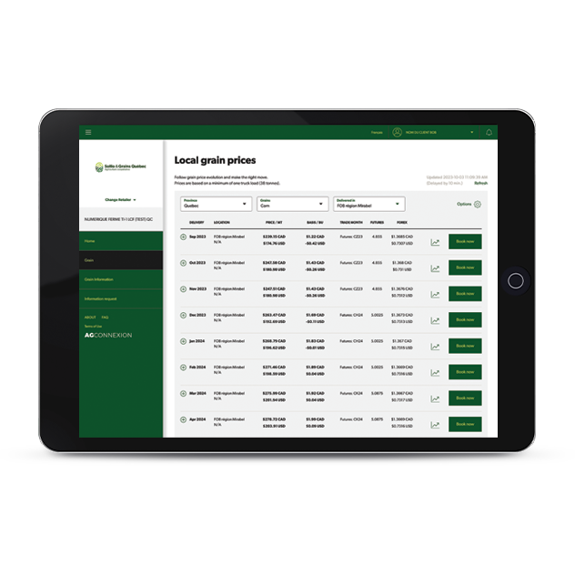 A screen capture of the grain sales tool on the AgConnexion | Grains portal.