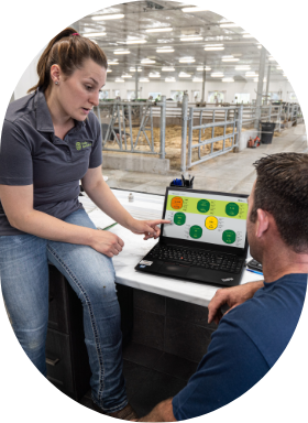 An agri-advisor from Sollio Agriculture shares advice with a dairy farmer in front of a computer.