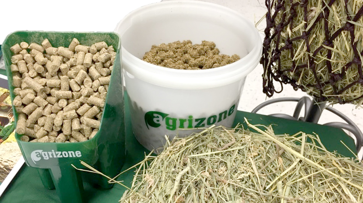 Feed and hay for horses in several shapes and sizes.