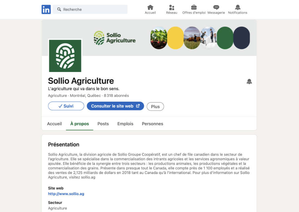 Capture d'écran de la page LinkedIn de Sollio Agriculture.