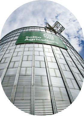 A Sollio Agriculture silo for grain storage, seen from below.