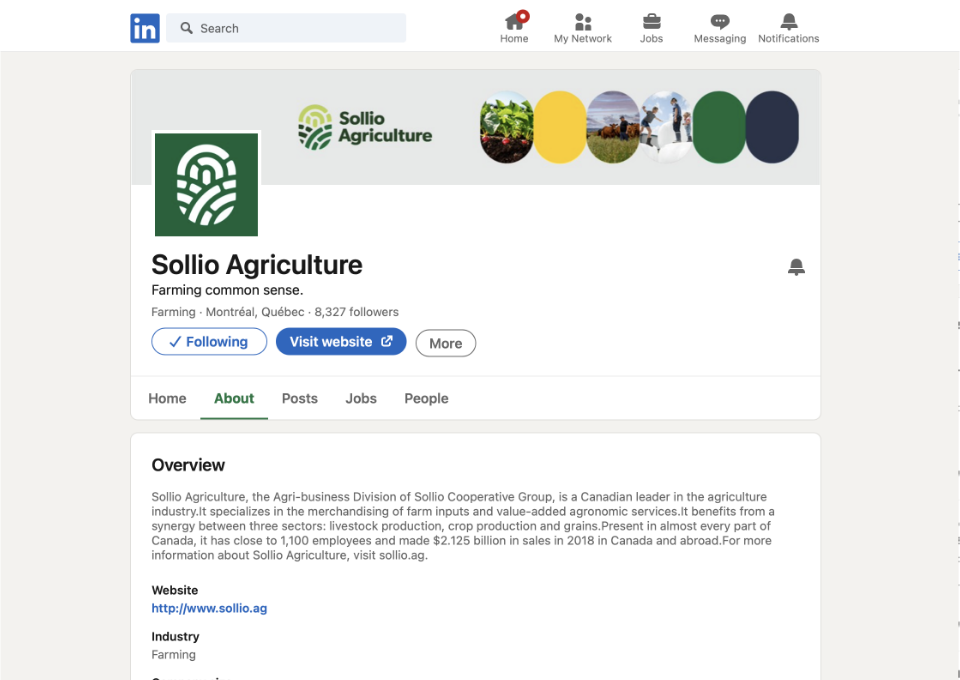 Screenshot of Sollio Agriculture's LinkedIn page.