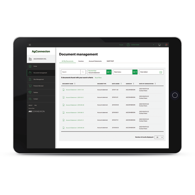A screen capture of the Agconnexion | Portal document management tool.
