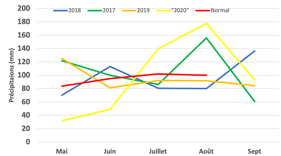 Graphique des précipitations de 2017 à 2020, de la station météo de la Ferme de recherche en productions végétales de Sollio Agriculture.