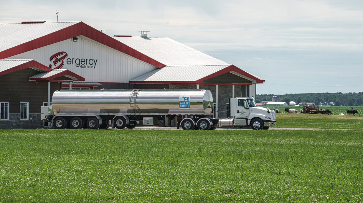  A tanker truck at the Bergeroy farm transports milk.