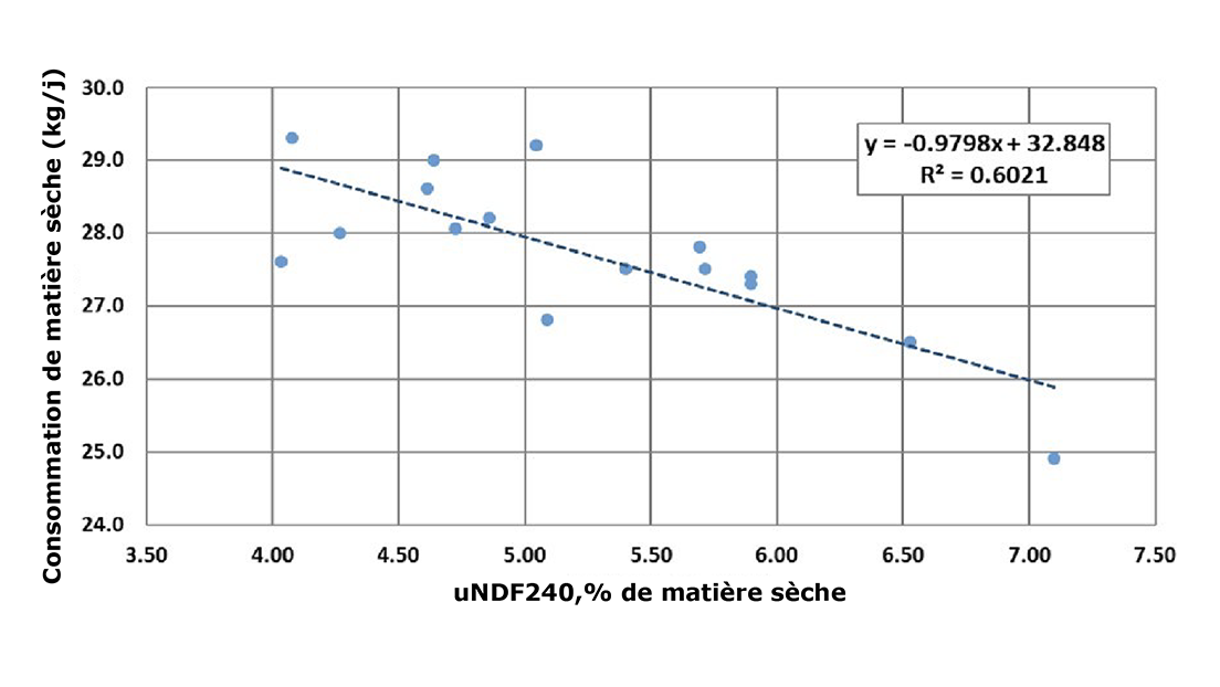 Graphique 2 : Relation fibre non digestible physiquement efficace/consommation volontaire de matière sèche