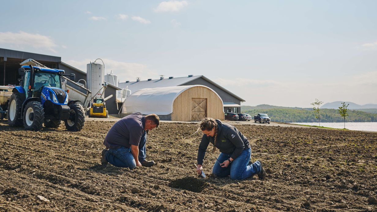 Une experte-conseil en agroenvironnement et un producteur de grandes cultures font des tests dans le champ.