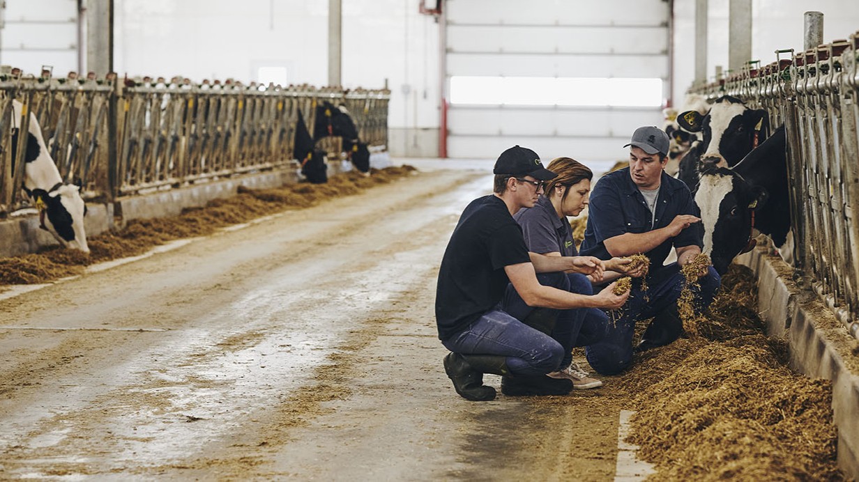 Une expert-conseil et des producteurs discutent de pratiques de réduction des GES à la ferme