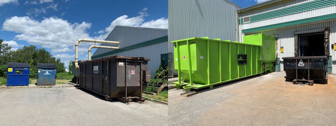 Les conteneurs de récupération du métal, du carton et du compost et le compacteur à déchets de la meuneurie de Lévis.